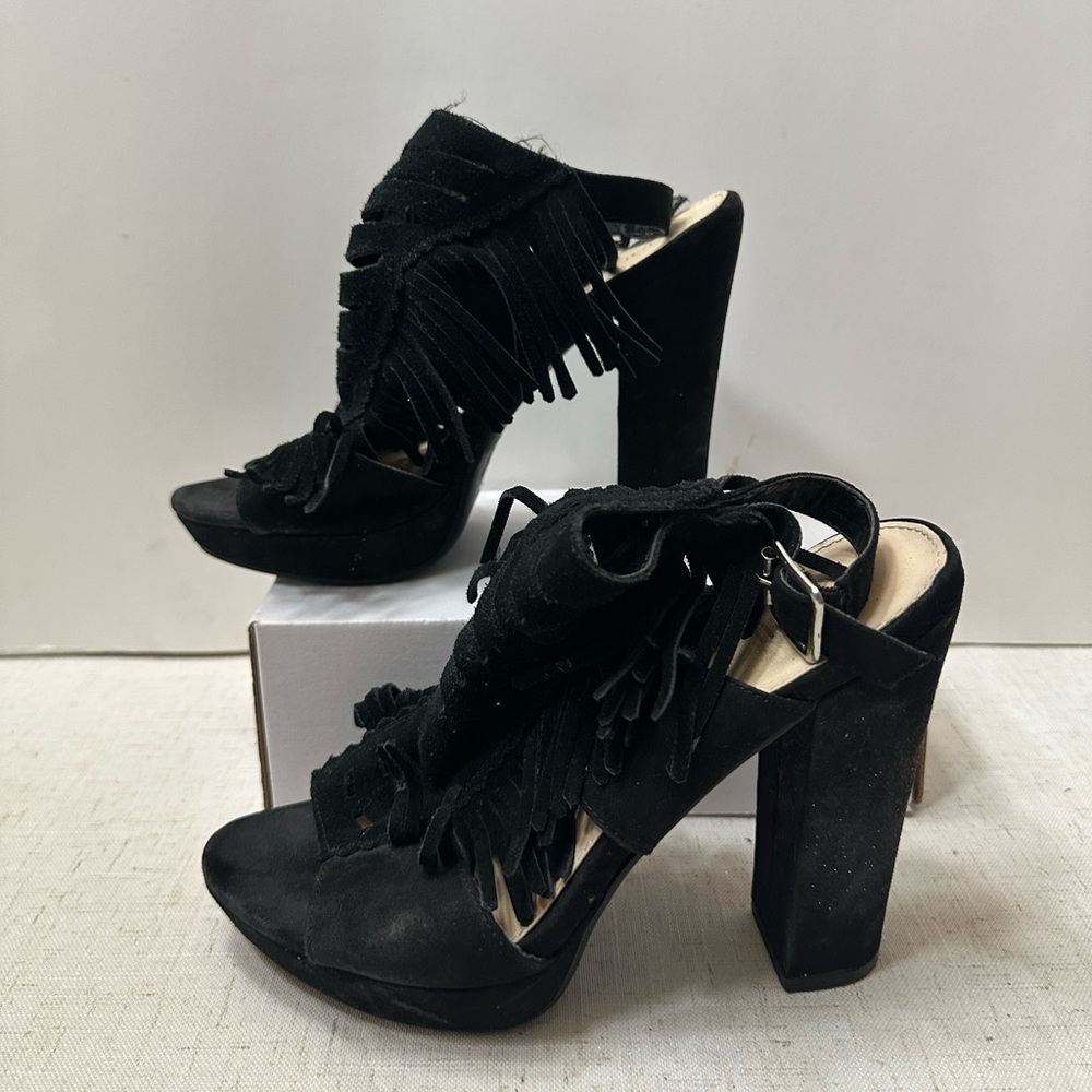 Bar III Black Fringe Block Heels - Picture 4 of 10